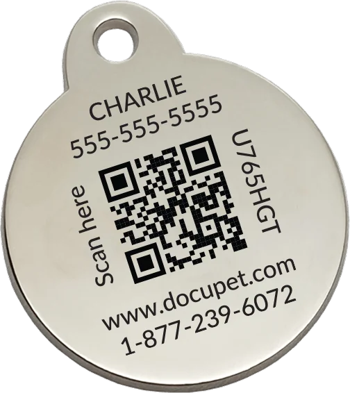 Back of Charlie’s personalized DocuPet tag with his name, phone number, QR code, tag ID and the DocuPet hotline